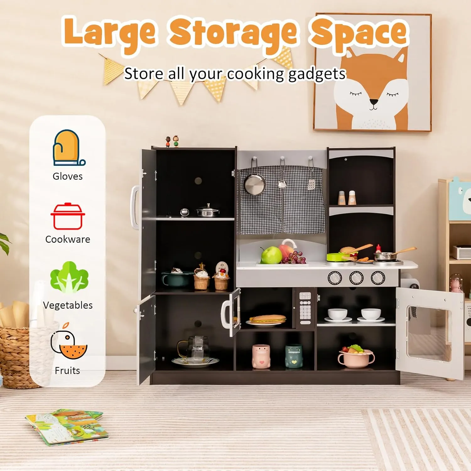 HONEY JOY Kids Kitchen Playset, Wooden Little Chef Pretend Toy Set, Microwave, Stove, Sink, Faucet, Storage Cabinet & Shelf, Curtain, Play Kitchen for Toddlers, Gift for Boys Girls 3 , Black