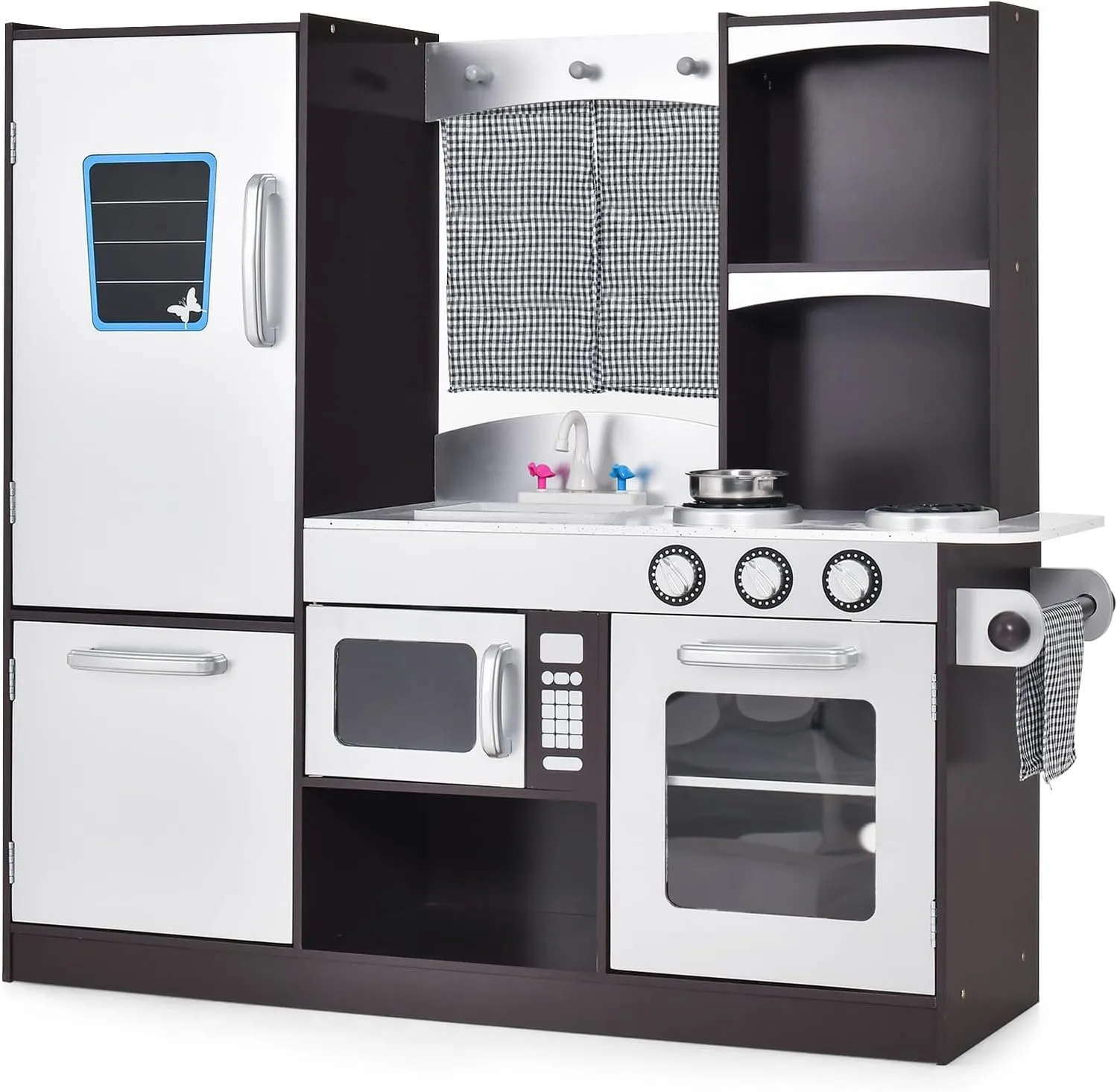 HONEY JOY Kids Kitchen Playset, Wooden Little Chef Pretend Toy Set, Microwave, Stove, Sink, Faucet, Storage Cabinet & Shelf, Curtain, Play Kitchen for Toddlers, Gift for Boys Girls 3 , Black