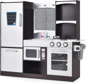 HONEY JOY Kids Kitchen Playset, Wooden Little Chef Pretend Toy Set, Microwave, Stove, Sink, Faucet, Storage Cabinet & Shelf, Curtain, Play Kitchen for Toddlers, Gift for Boys Girls 3 , Black