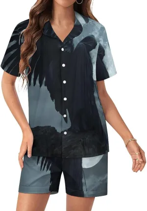 Horror Vampire Devil Grim Reaper Women's Satin Pajama Set Short Sleeve Button Down Sleepwear Loungewear Pj Set
