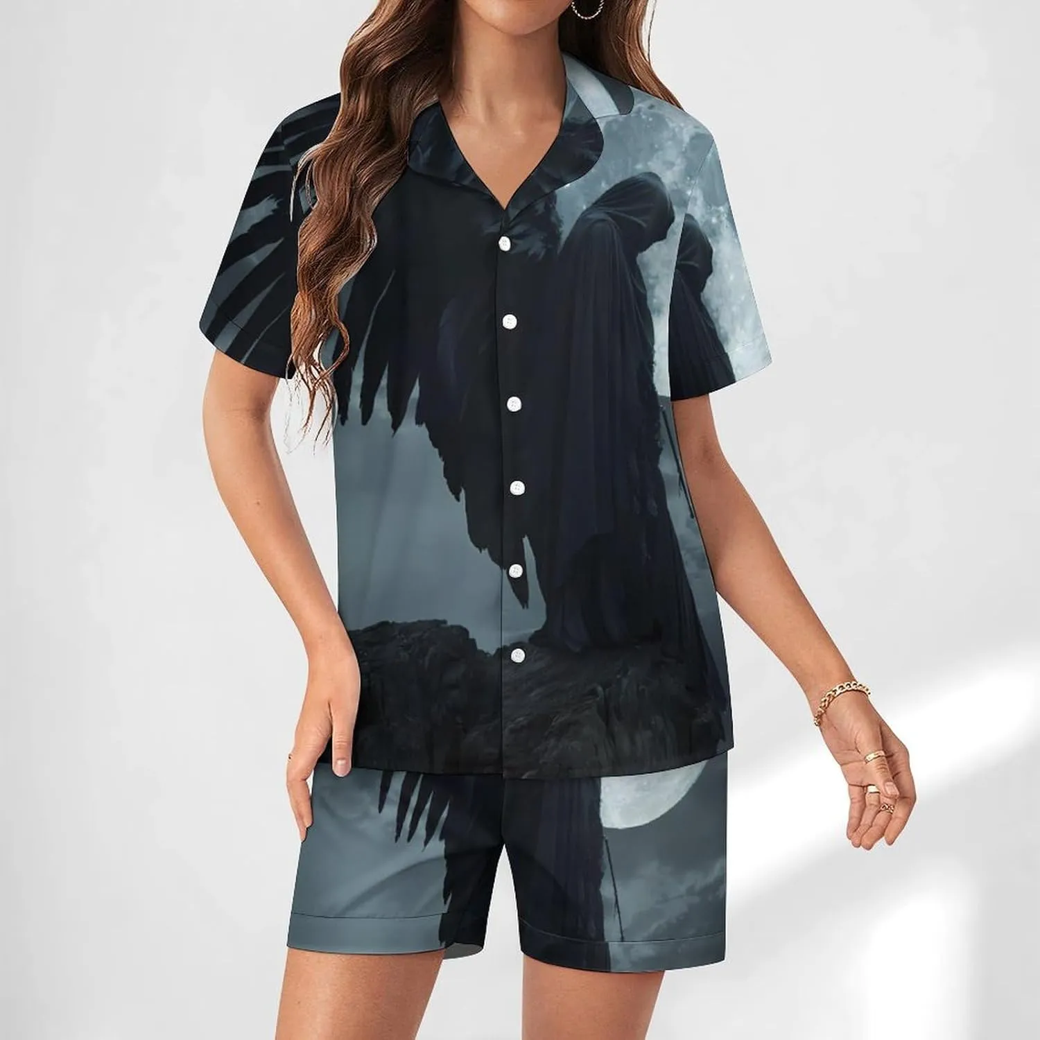 Horror Vampire Devil Grim Reaper Women's Satin Pajama Set Short Sleeve Button Down Sleepwear Loungewear Pj Set