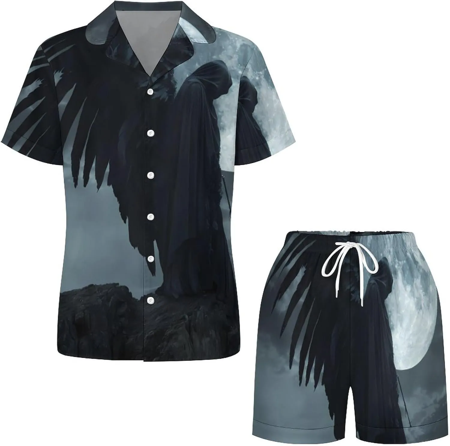 Horror Vampire Devil Grim Reaper Women's Satin Pajama Set Short Sleeve Button Down Sleepwear Loungewear Pj Set