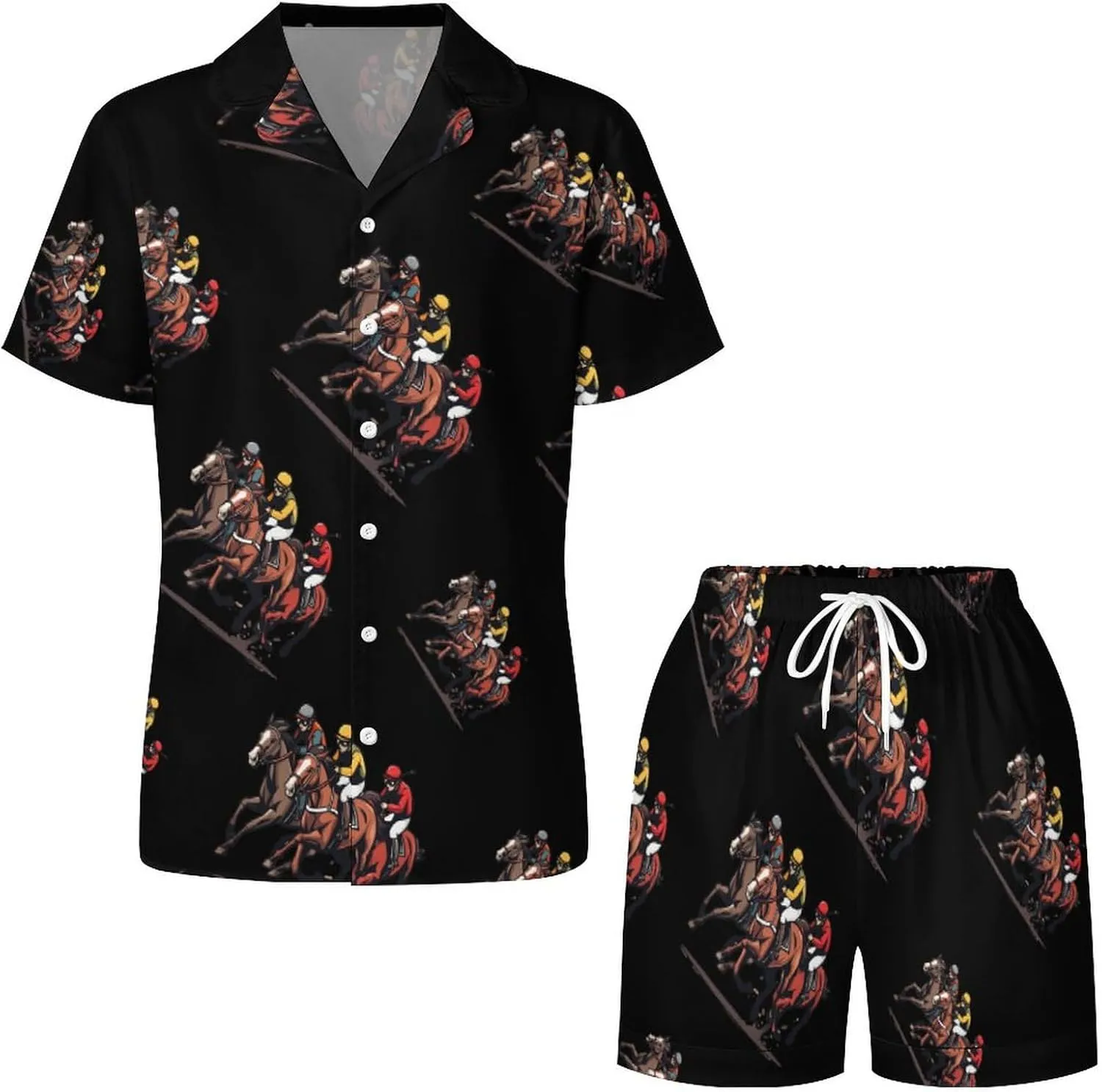 Horse Racing Women's Satin Pajama Set Short Sleeve Button Down Sleepwear Loungewear Pj Set