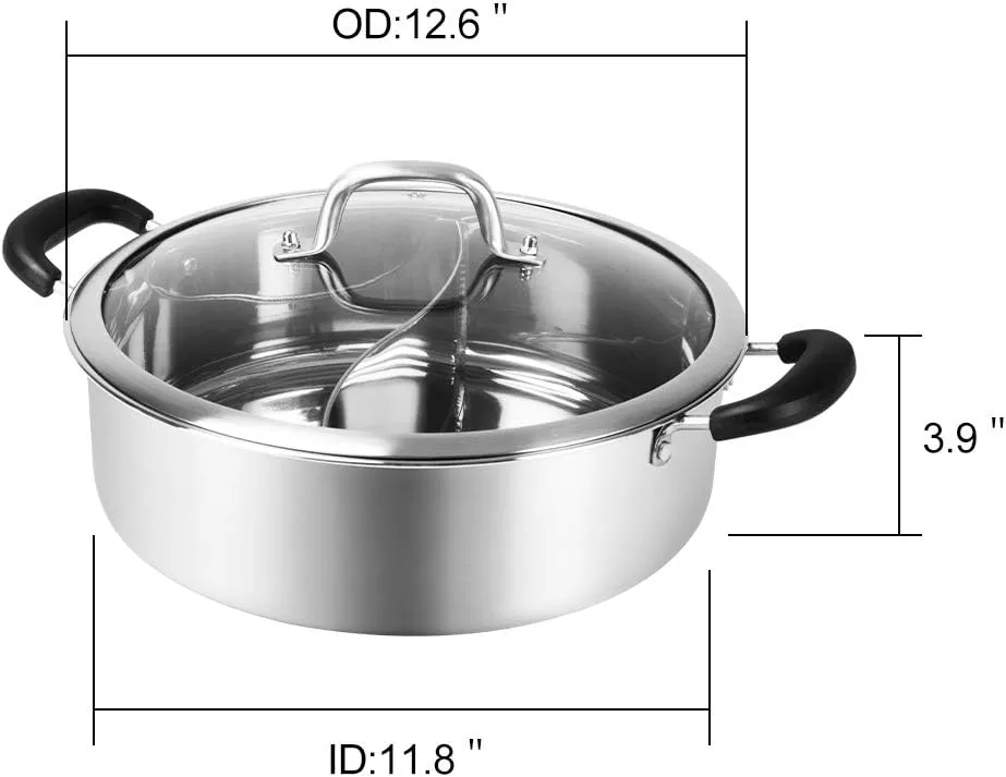 Hot Pot with Divider, Shabu Shabu Hot Pots Food Grade Stainless Steel Chinese Dual Sided Pot Set for Induction Cooktop Gas Stove