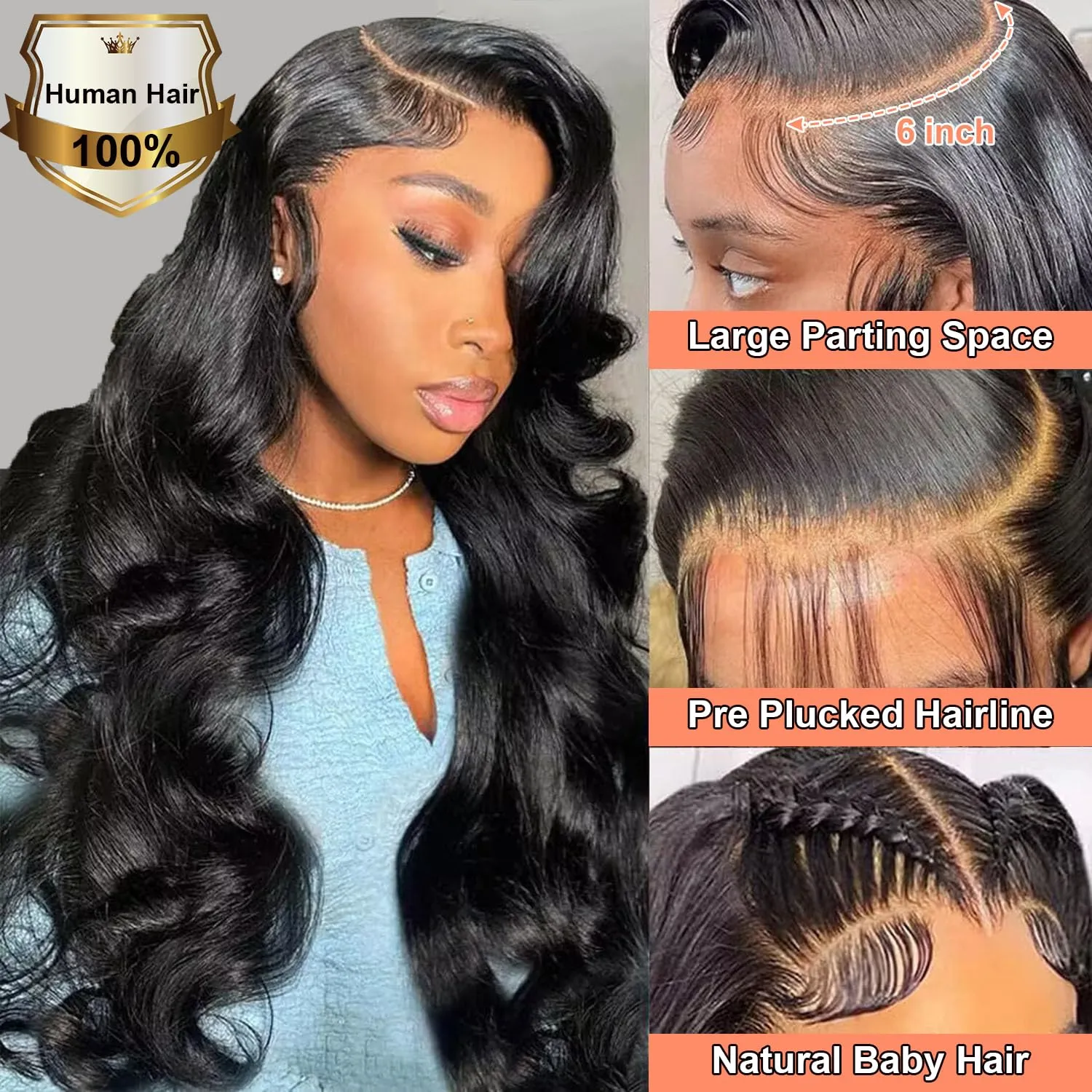 HOT STAR 250% Density 260g 13x6 Body Wave Lace Front Wigs Human Hair Pre Plucked 13x6 100% Human Hair Wigs for Black Women Glueless Frontal Wigs Human Hair HD Lace Body Wave Wig 28 Inch