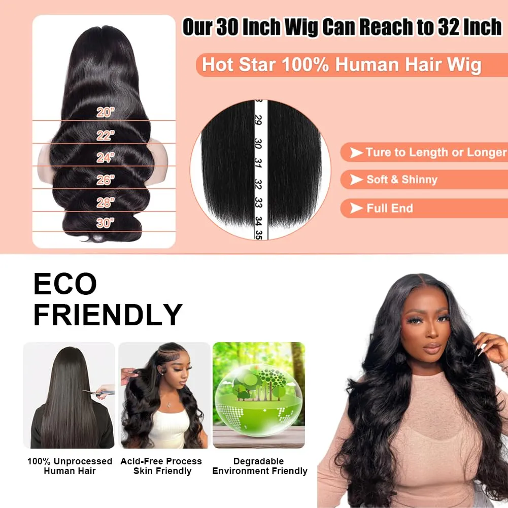 HOT STAR 250% Density 260g 13x6 Body Wave Lace Front Wigs Human Hair Pre Plucked 13x6 100% Human Hair Wigs for Black Women Glueless Frontal Wigs Human Hair HD Lace Body Wave Wig 28 Inch
