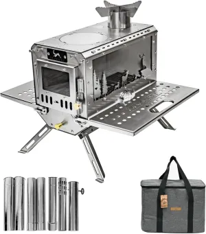 Hot Tent Stove,Wood Stove with 7 Chimney Pipes,304 Stainless Camping Tent Stove with Spark Damper, Wood Burning Stove for Cooking and Heating，with heat-resistant Glass Window