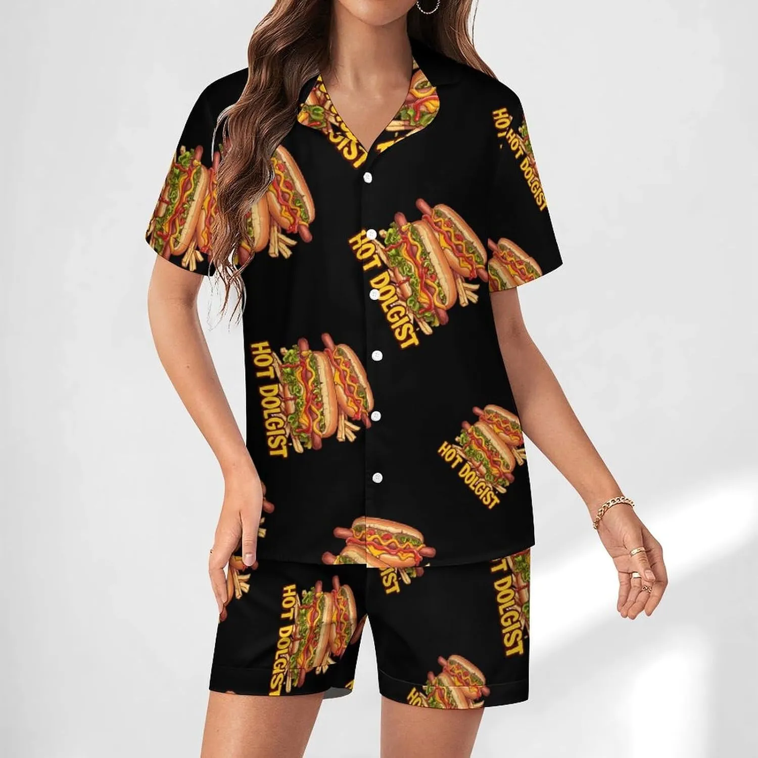 Hotdogologist Hotdog Sausage Hot Dog Women's Satin Pajama Set Short Sleeve Button Down Sleepwear Loungewear Pj Set