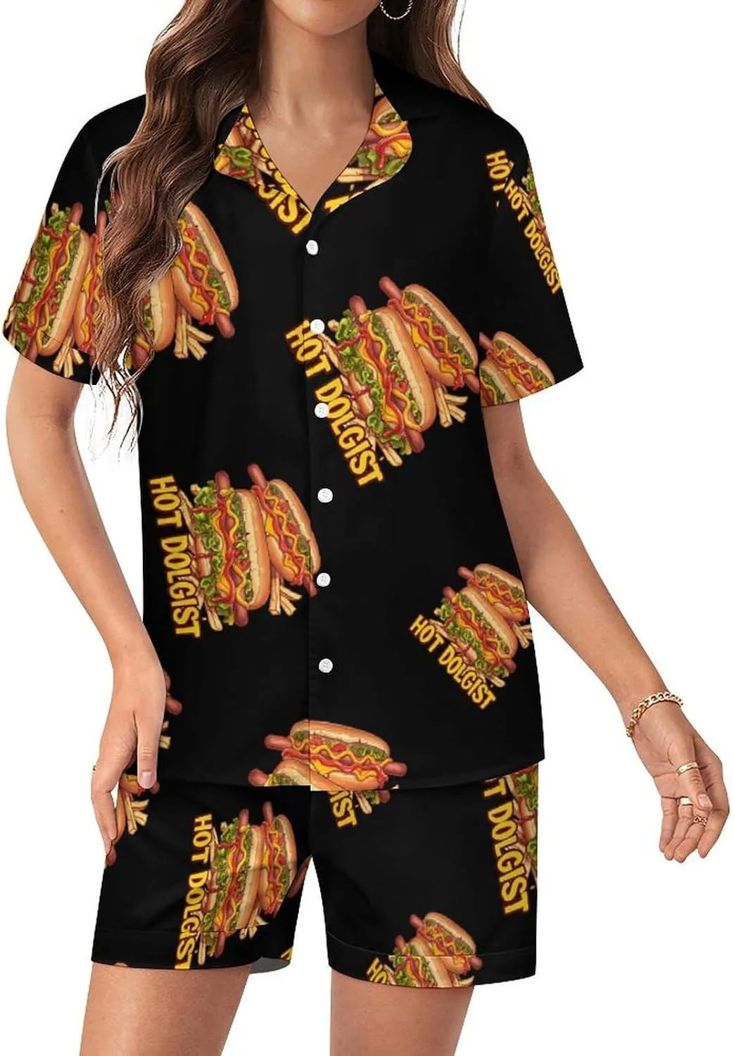 Hotdogologist Hotdog Sausage Hot Dog Women's Satin Pajama Set Short Sleeve Button Down Sleepwear Loungewear Pj Set