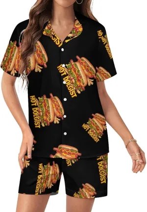 Hotdogologist Hotdog Sausage Hot Dog Women's Satin Pajama Set Short Sleeve Button Down Sleepwear Loungewear Pj Set