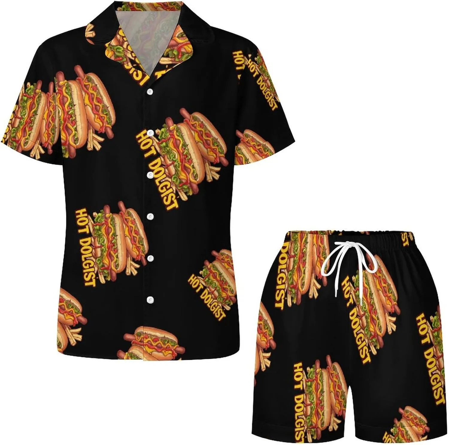 Hotdogologist Hotdog Sausage Hot Dog Women's Satin Pajama Set Short Sleeve Button Down Sleepwear Loungewear Pj Set