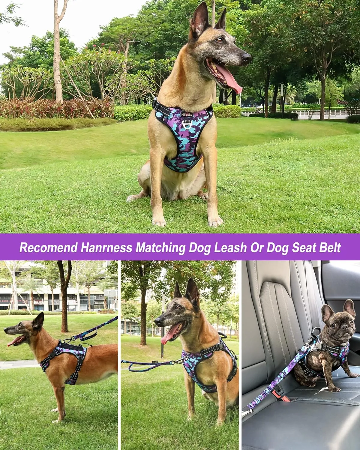 Hotsky Tactical Dog Harness No Pull，Adjustable Service Dog Vest Reflective Military Pet Harness with Control Handle Molle Loop Panels for Training Walking Running(Purple Camo, XL)