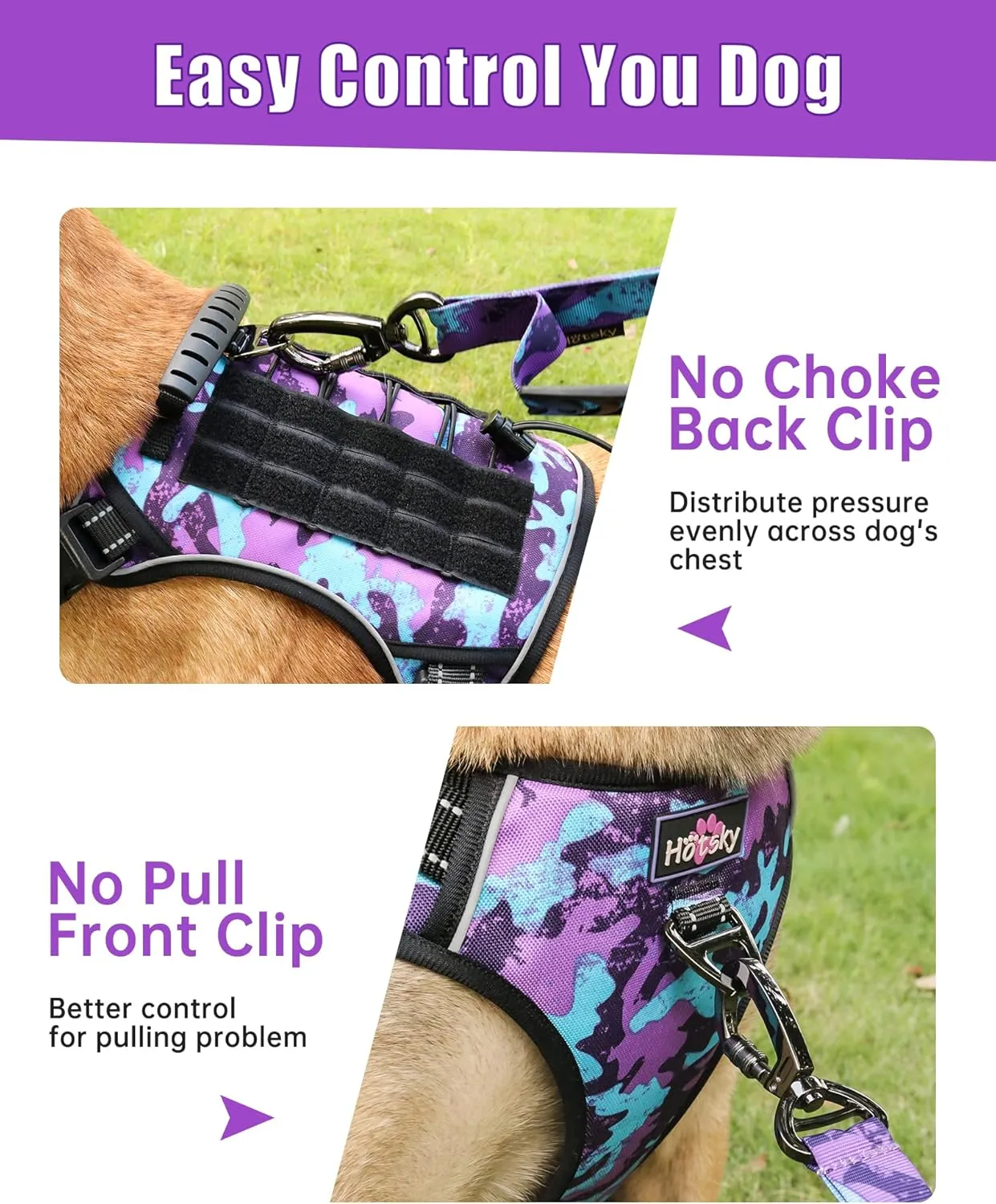 Hotsky Tactical Dog Harness No Pull，Adjustable Service Dog Vest Reflective Military Pet Harness with Control Handle Molle Loop Panels for Training Walking Running(Purple Camo, XL)