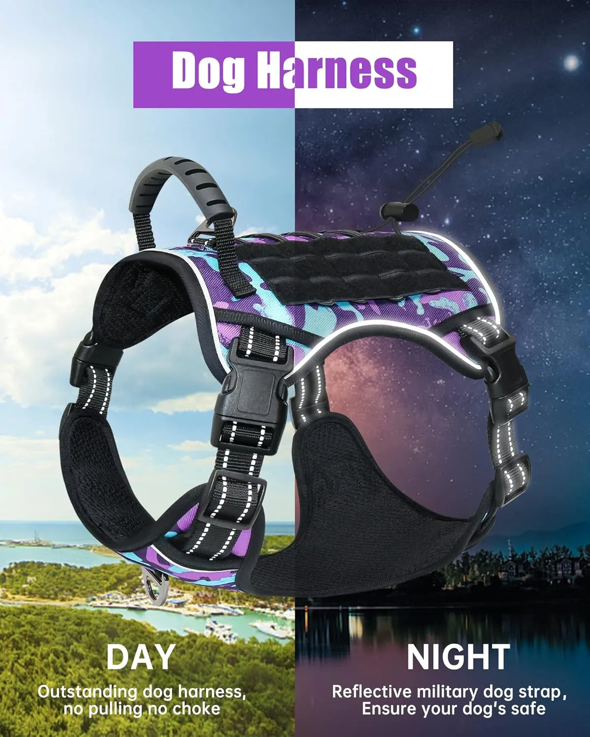 Hotsky Tactical Dog Harness No Pull，Adjustable Service Dog Vest Reflective Military Pet Harness with Control Handle Molle Loop Panels for Training Walking Running(Purple Camo, XL)