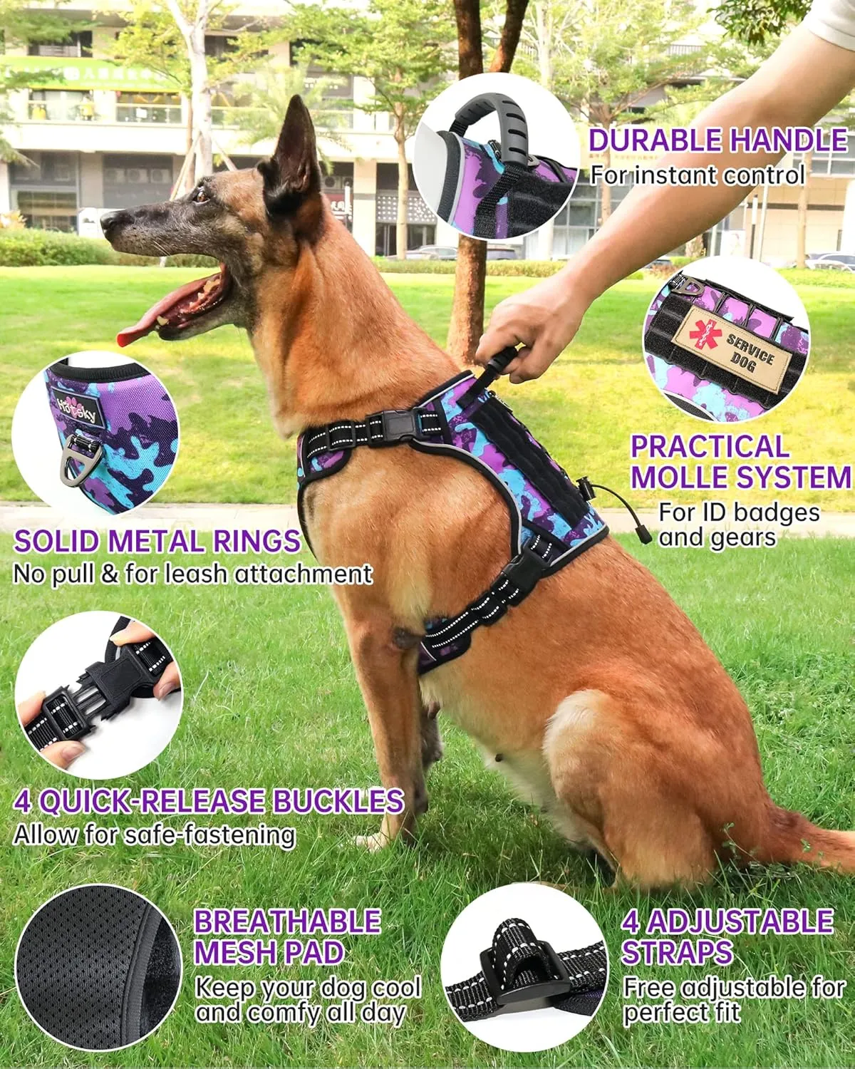 Hotsky Tactical Dog Harness No Pull，Adjustable Service Dog Vest Reflective Military Pet Harness with Control Handle Molle Loop Panels for Training Walking Running(Purple Camo, XL)