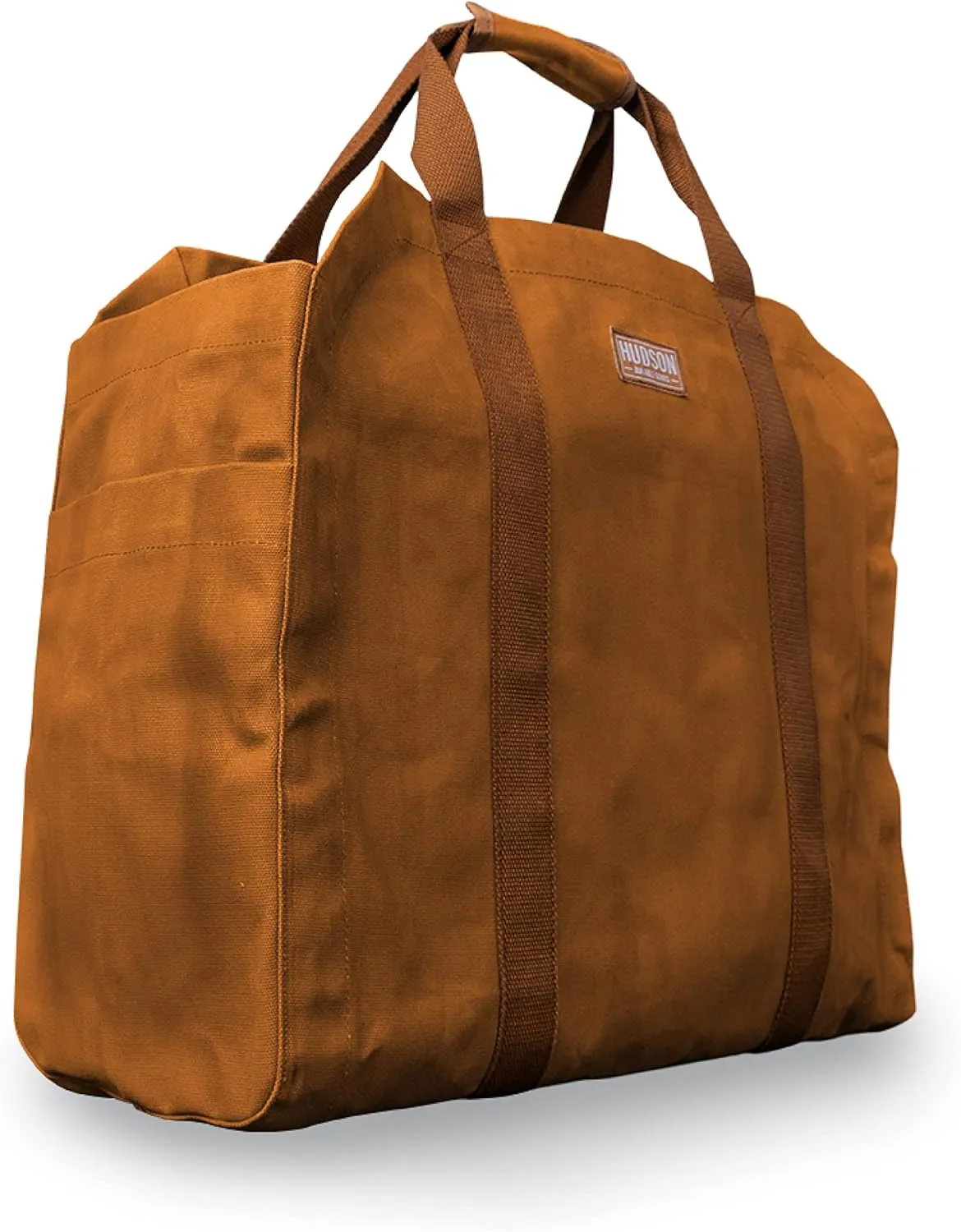 Hudson Durable Goods Premium Quality Waxed Canvas Firewood Carrier - 20” W x 17” H Large Firewood Bag with Enclosed Sides, Webbed Cotton Straps, & 2 Big Pockets - Water Repellent Fireplace Log Holder