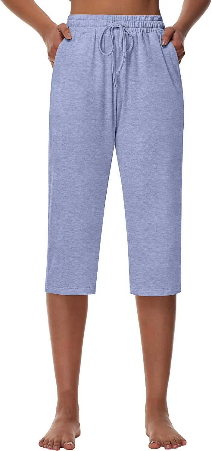 Huukeay 3 Pack Women's Capri Sweatpants, Cozy Lounge Drawstring Capris with Pockets Wide Legs Jogger Workout Yoga Pants