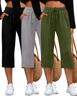 Huukeay 3 Pack Women's Capri Sweatpants, Cozy Lounge Drawstring Capris with Pockets Wide Legs Jogger Workout Yoga Pants