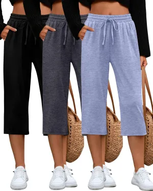 Huukeay 3 Pack Women's Capri Sweatpants, Cozy Lounge Drawstring Capris with Pockets Wide Legs Jogger Workout Yoga Pants