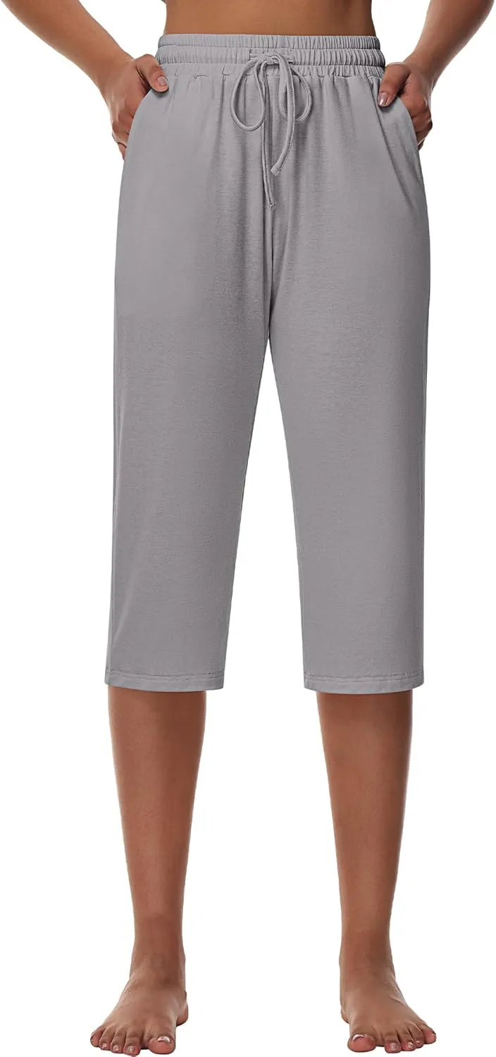 Huukeay 3 Pack Women's Capri Sweatpants, Cozy Lounge Drawstring Capris with Pockets Wide Legs Jogger Workout Yoga Pants