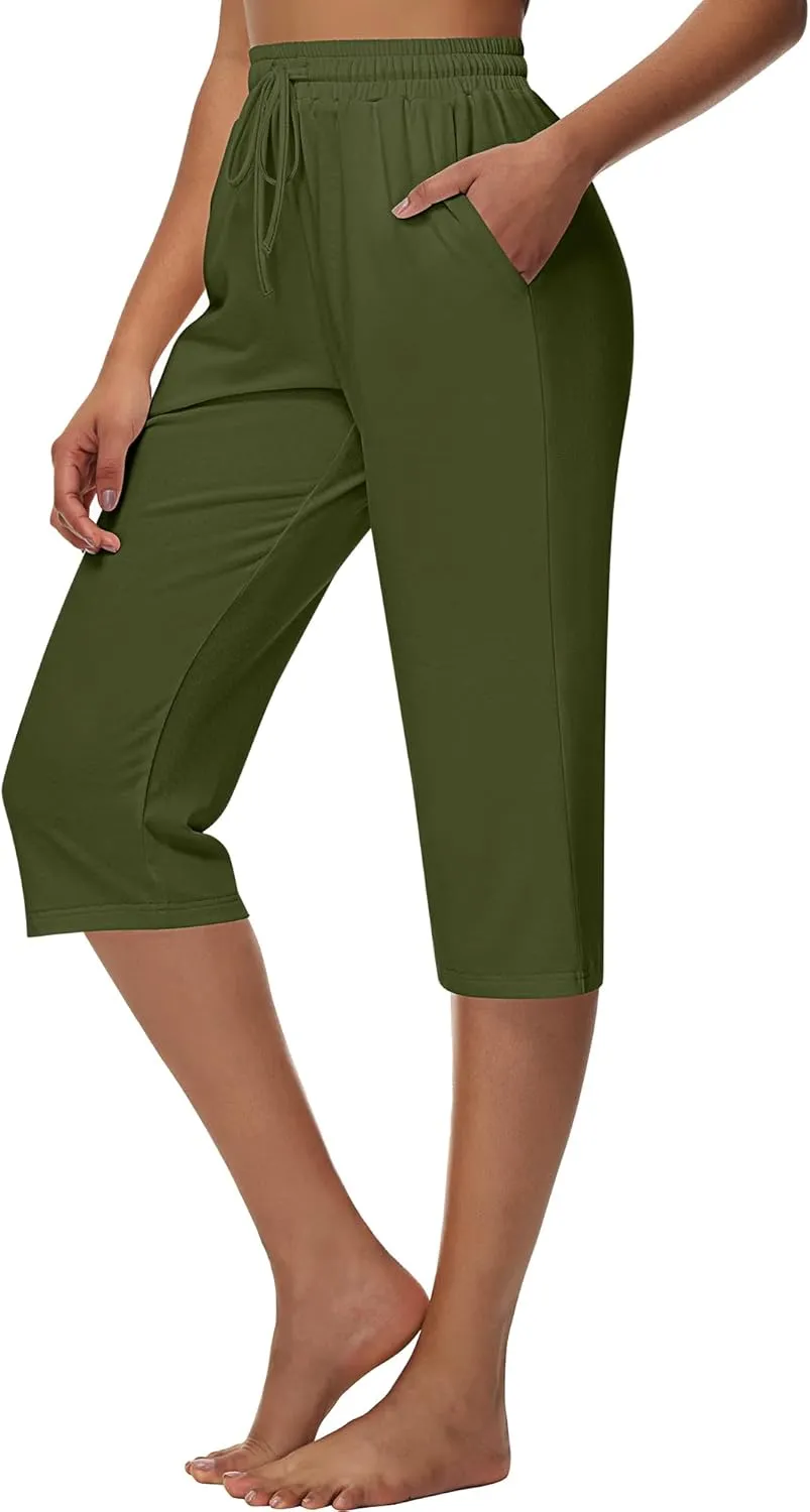 Huukeay 3 Pack Women's Capri Sweatpants, Cozy Lounge Drawstring Capris with Pockets Wide Legs Jogger Workout Yoga Pants