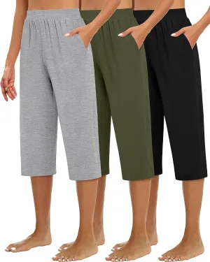 Huukeay 3 Pack Women's Capri Sweatpants, Cozy Wide Legs Cropped Capri with Pockets, Lounge Jogger Pants Workout Yoga Solid