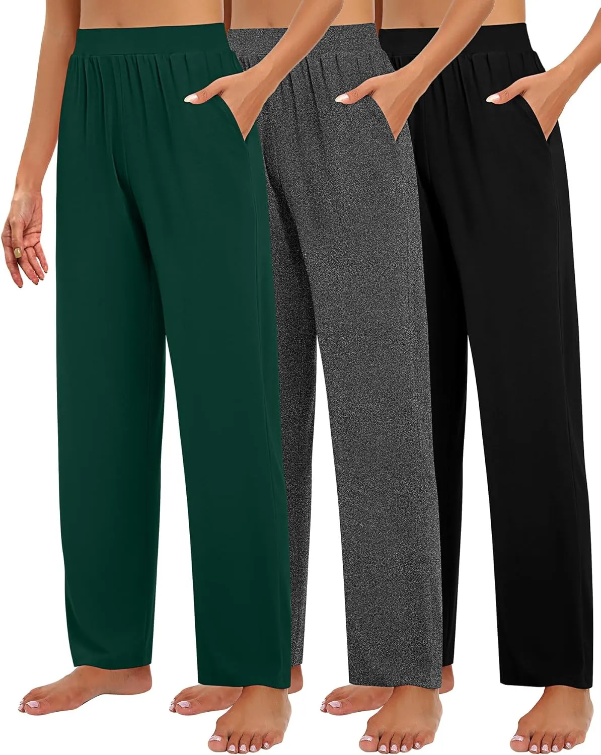 Huukeay 3 Pack Women's Lounge Pants, Cozy Wide Leg Lounge Pants with Pockets Loose Flowy Yoga Sweatpants Workout Comfy Jogger