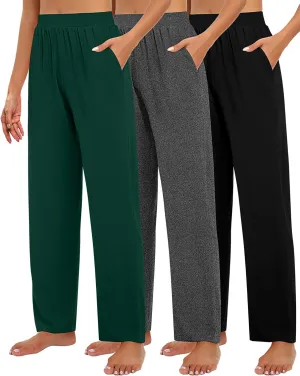 Huukeay 3 Pack Women's Lounge Pants, Cozy Wide Leg Lounge Pants with Pockets Loose Flowy Yoga Sweatpants Workout Comfy Jogger