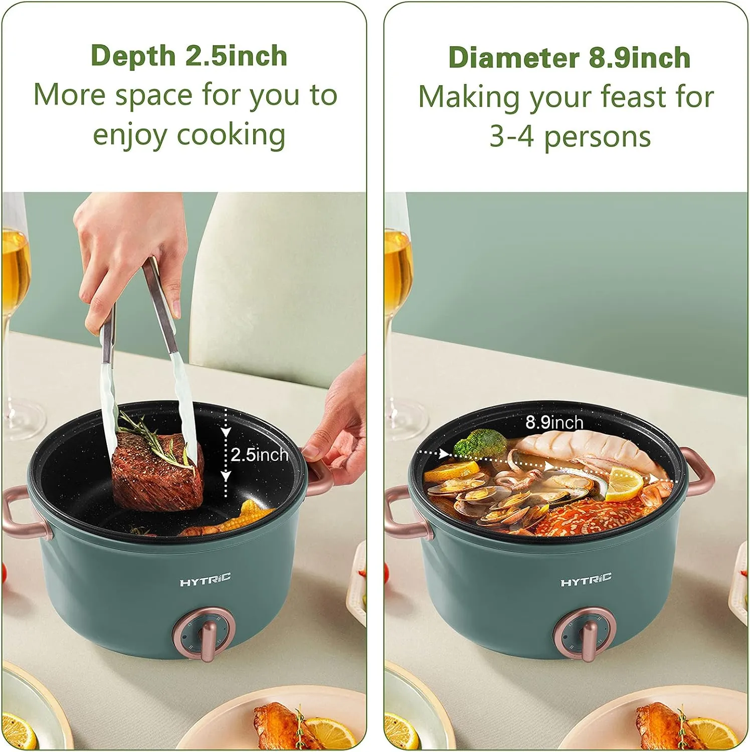 Hytric Hot Pot Electric, 2.5L Portable Electric Skillet with Nonstick Coating, Dual Power Control Multi-Function Cooker for Stir Fry, Steak, Noodles, Ramen Cooker for Dorm and Office, Green