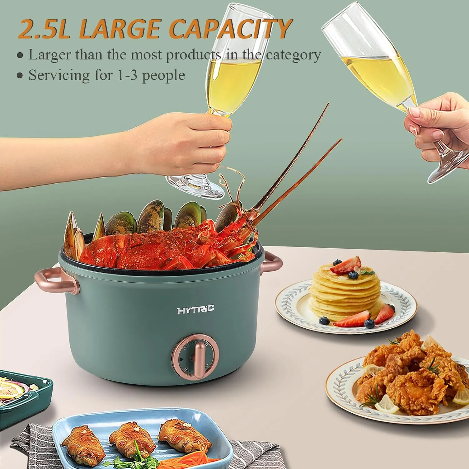 Hytric Hot Pot Electric, 2.5L Portable Electric Skillet with Nonstick Coating, Dual Power Control Multi-Function Cooker for Stir Fry, Steak, Noodles, Ramen Cooker for Dorm and Office, Green
