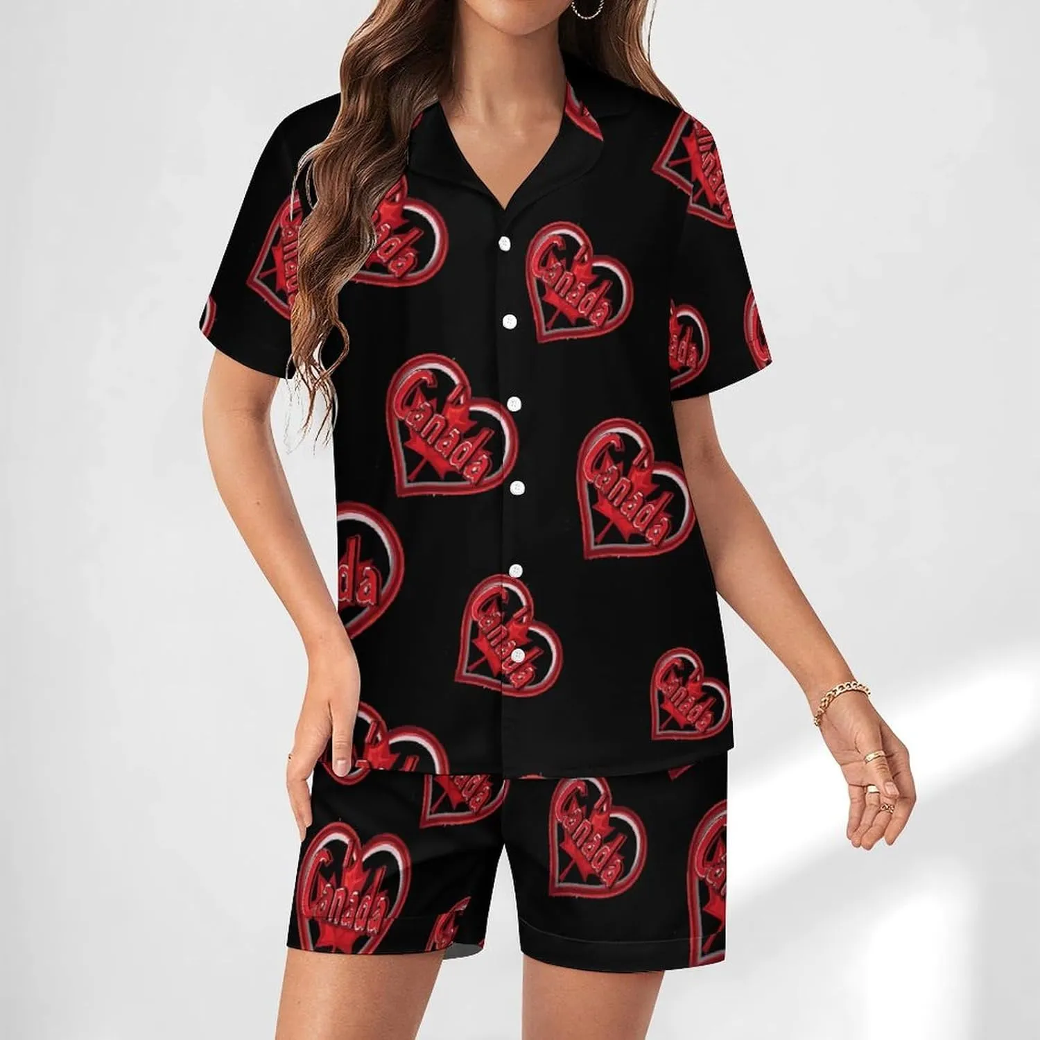 I Love Canada Women's Satin Pajama Set Short Sleeve Button Down Sleepwear Loungewear Pj Set