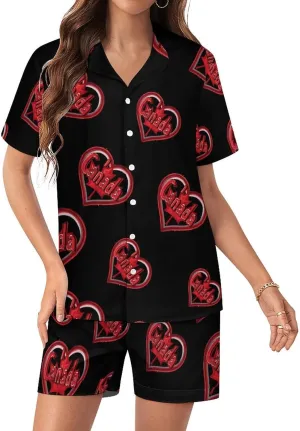 I Love Canada Women's Satin Pajama Set Short Sleeve Button Down Sleepwear Loungewear Pj Set