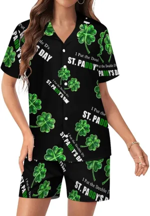 I Put The Doubles D's in ST. PADDY'S DAY Women's Satin Pajama Set Short Sleeve Button Down Sleepwear Loungewear Pj Set
