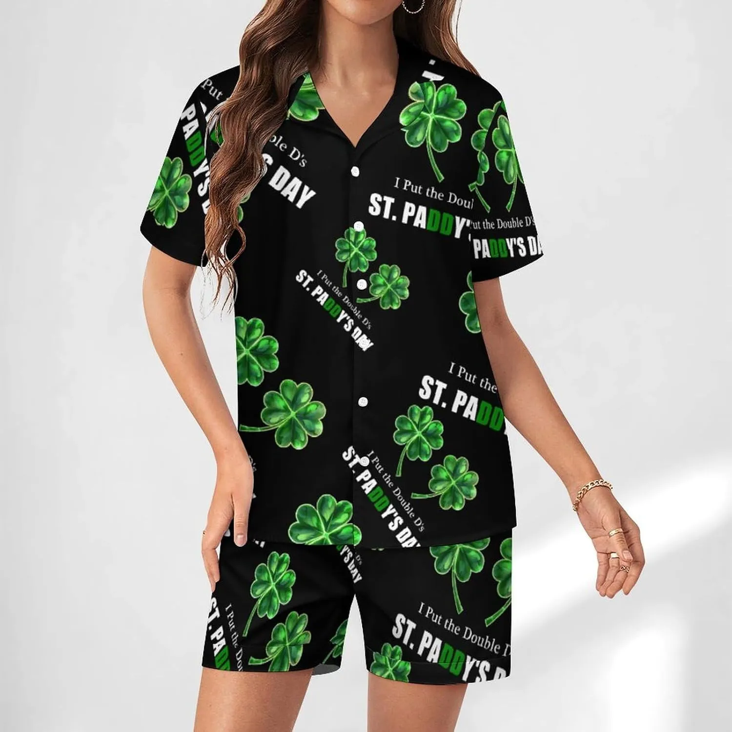 I Put The Doubles D's in ST. PADDY'S DAY Women's Satin Pajama Set Short Sleeve Button Down Sleepwear Loungewear Pj Set