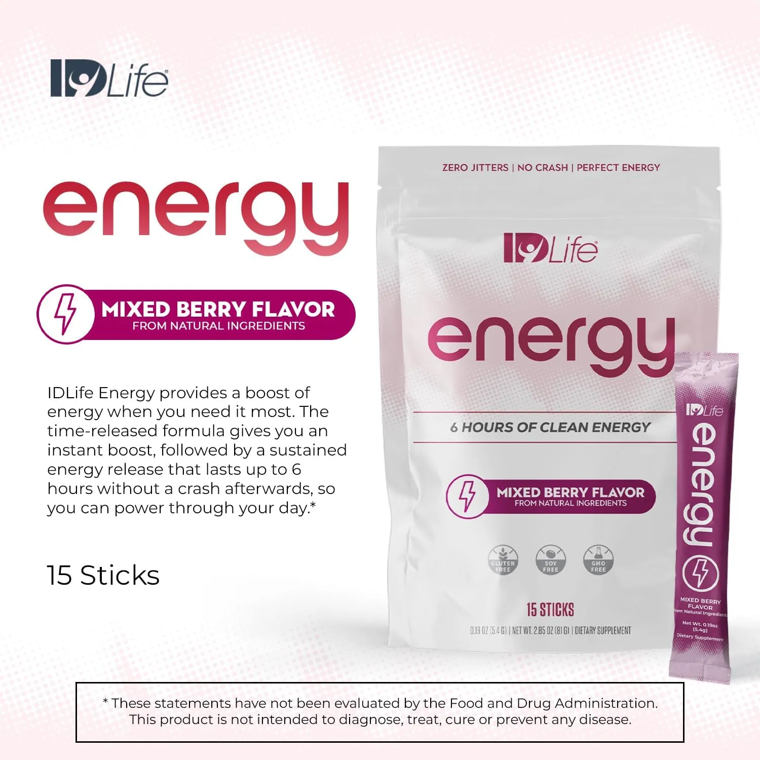 IDLife Energy - Mixed Berry - Sustained Power Boost with Powder, Healthy Drink for Work, Gym & Daily Use, 6 Hours of Boost - 15 Sticks per Bag