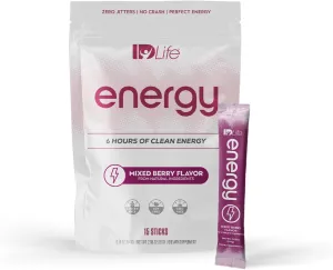 IDLife Energy - Mixed Berry - Sustained Power Boost with Powder, Healthy Drink for Work, Gym & Daily Use, 6 Hours of Boost - 15 Sticks per Bag
