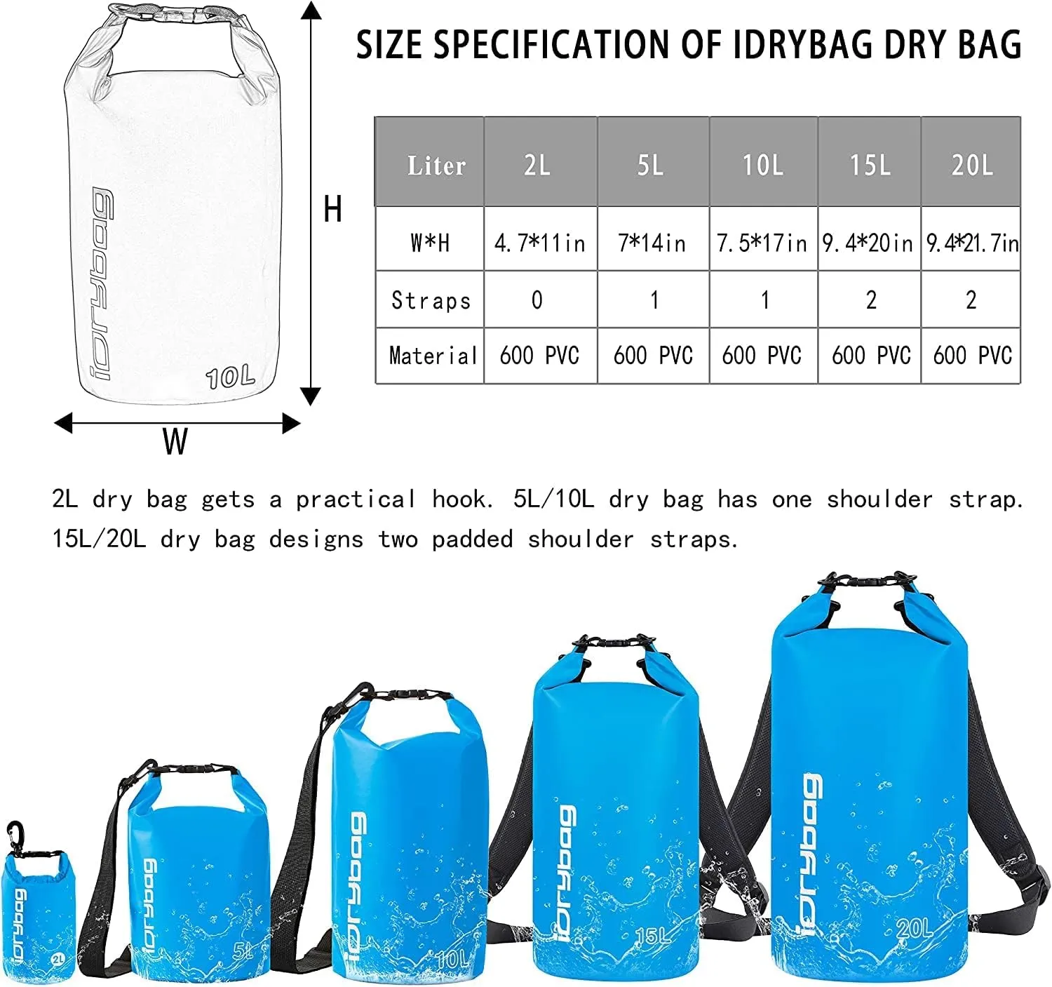 IDRYBAG Dry Bags for Kayaking Waterproof 2L/5L/10L/15L/20L, Small Dry Bag Waterproof Floating, Dry Sack Waterproof Bag for Paddleboarding Travel