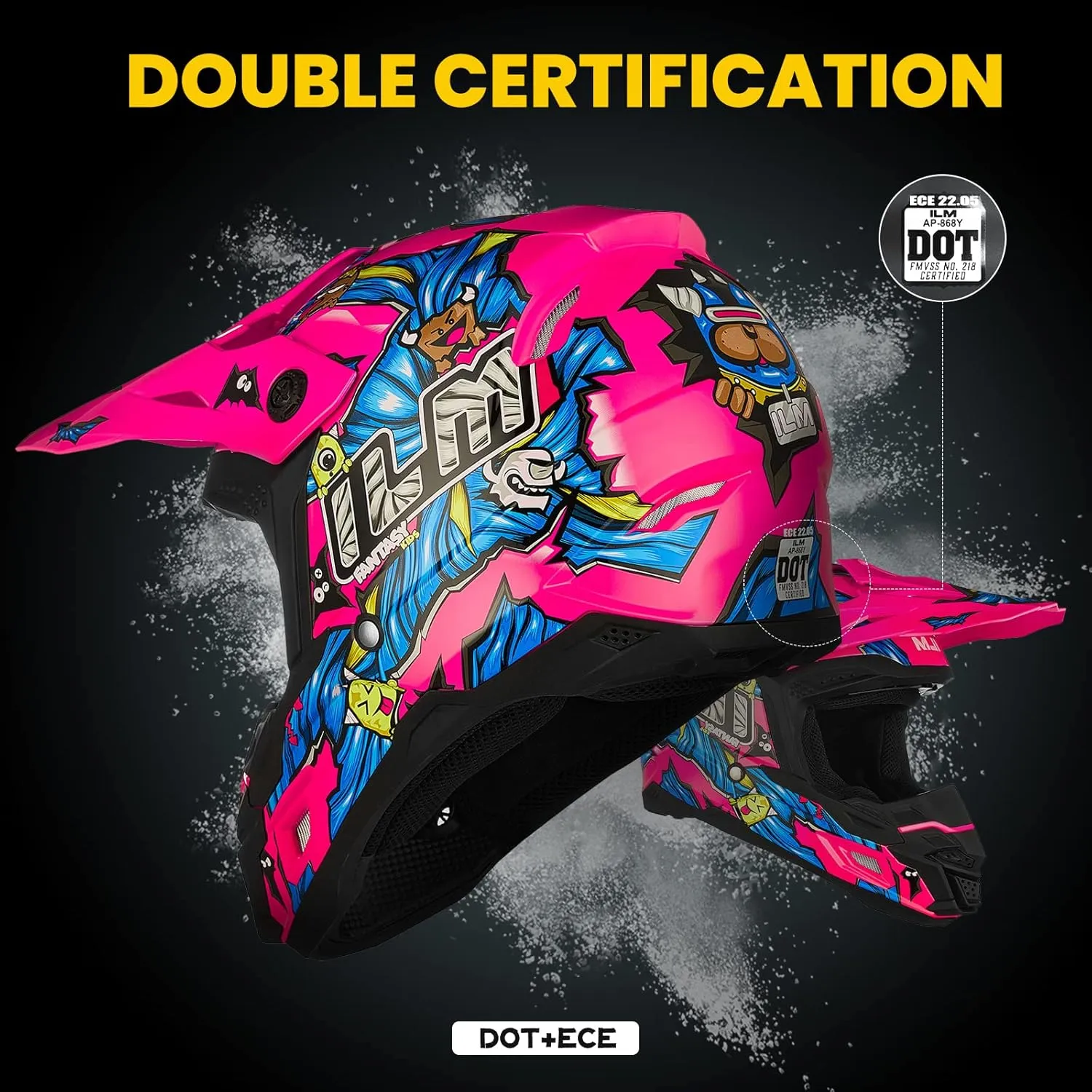 ILM DOT&ECE Youth ATV Helmet kids Dirt Bike Helmet Child Motocross Dirtbike BMX MX Offroad Dual Sport Full Face Casco para Moto Model AP-868(Flo Pink,Youth-L)