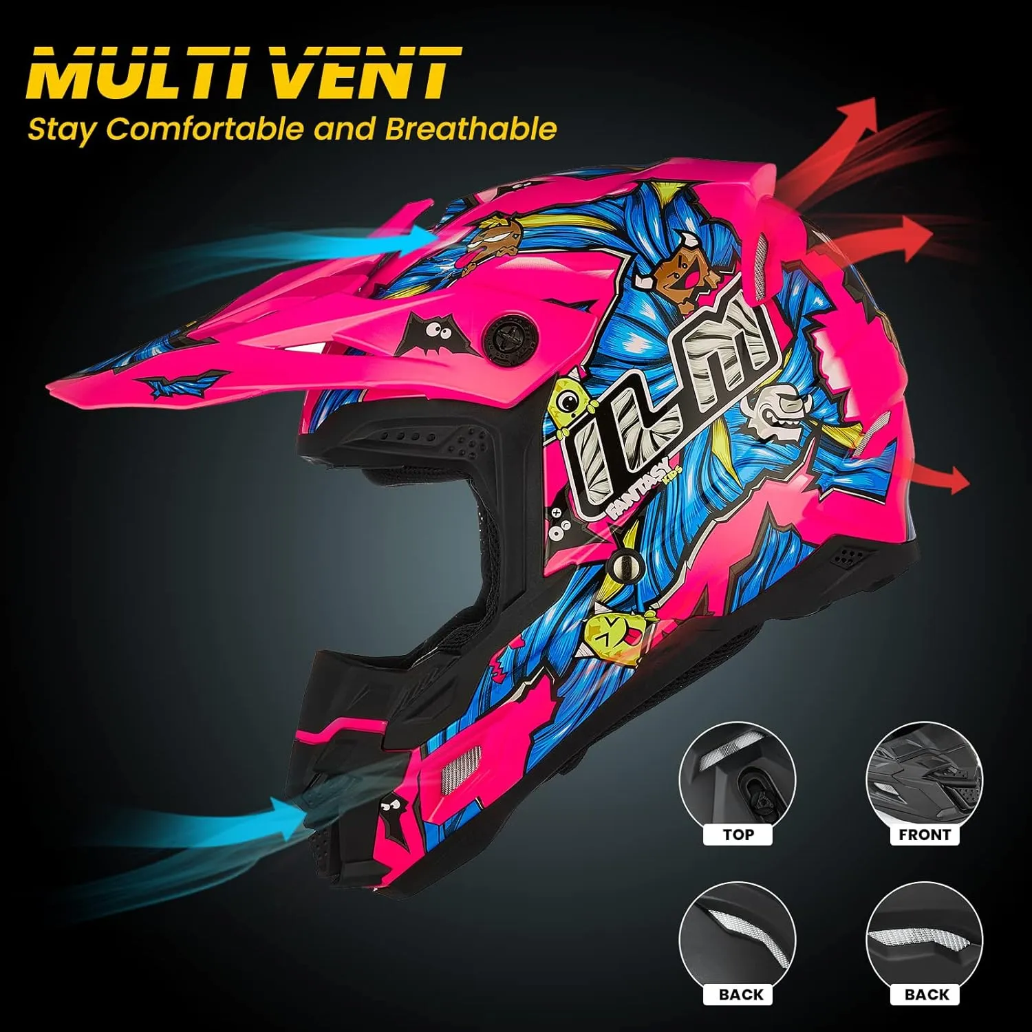 ILM DOT&ECE Youth ATV Helmet kids Dirt Bike Helmet Child Motocross Dirtbike BMX MX Offroad Dual Sport Full Face Casco para Moto Model AP-868(Flo Pink,Youth-L)