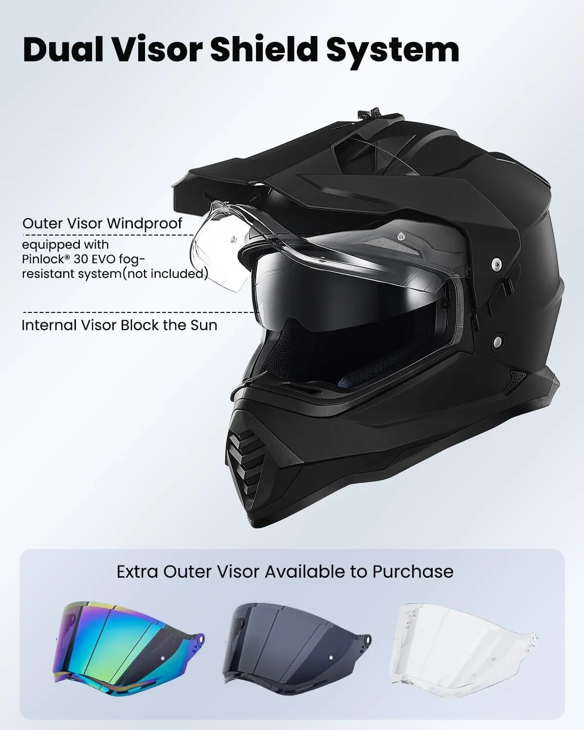 ILM Dual Sport Adventure Motorcycle Helmet with Pinlock Compatible Sun Visor Snowmobile ATV Dirt Bike Off Road Casco Model WS902 (Matte Black, L)