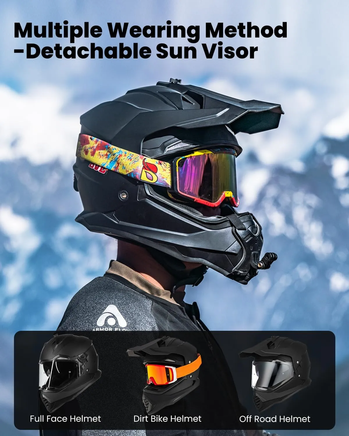 ILM Dual Sport Adventure Motorcycle Helmet with Pinlock Compatible Sun Visor Snowmobile ATV Dirt Bike Off Road Casco Model WS902 (Matte Black, L)