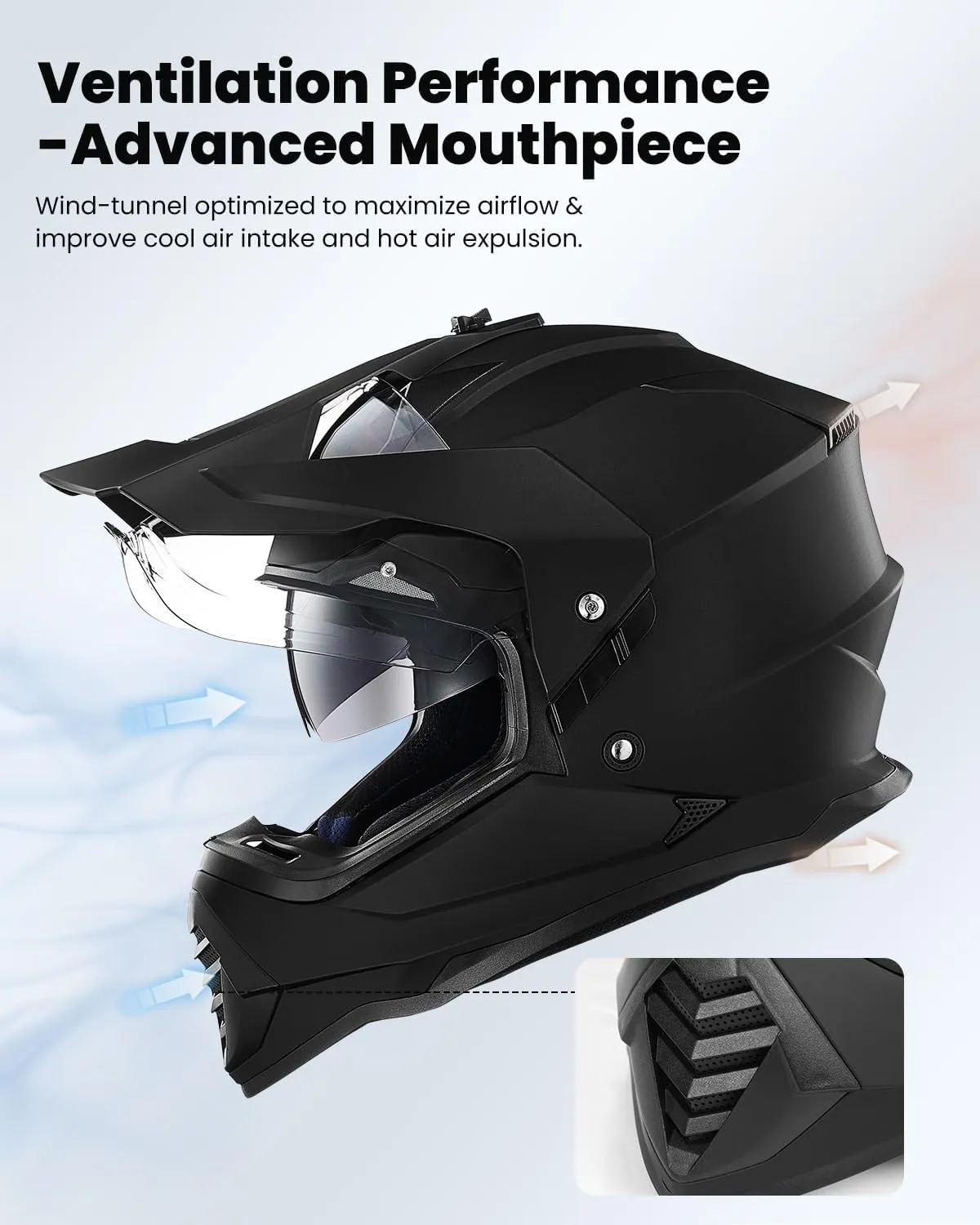 ILM Dual Sport Adventure Motorcycle Helmet with Pinlock Compatible Sun Visor Snowmobile ATV Dirt Bike Off Road Casco Model WS902 (Matte Black, L)