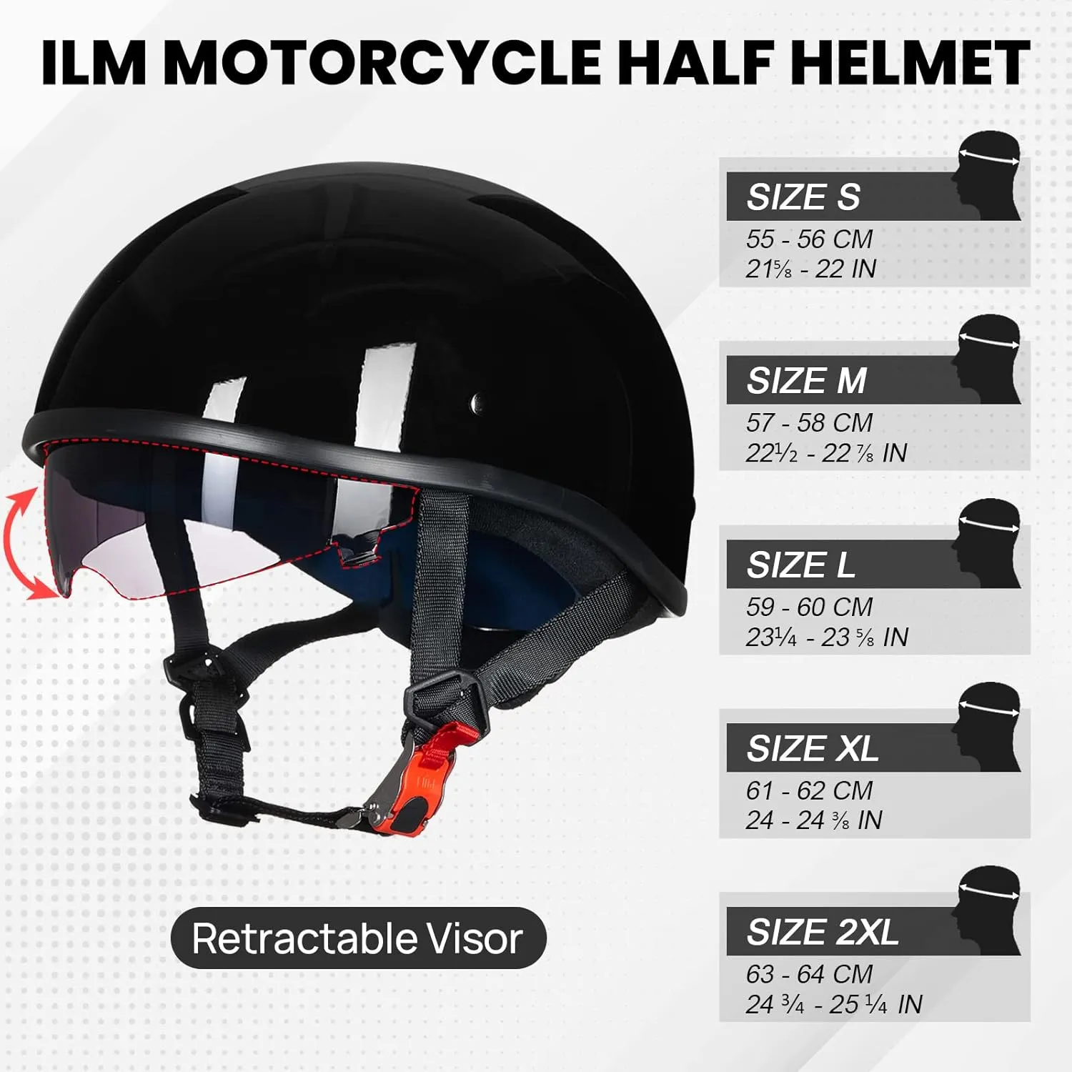 ILM Motorcycle Half Helmet with Sunshield Quick Release Strap Half Face Fit for Cruiser Scooter DOT Approved 883V (Gloss Black, Large)