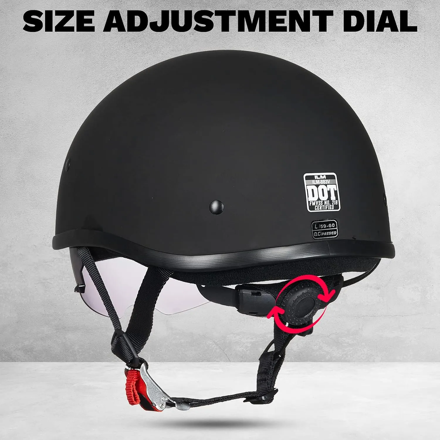 ILM Motorcycle Half Helmet with Sunshield Quick Release Strap Half Face Fit for Cruiser Scooter DOT Approved 883V (Matte Black, Large)