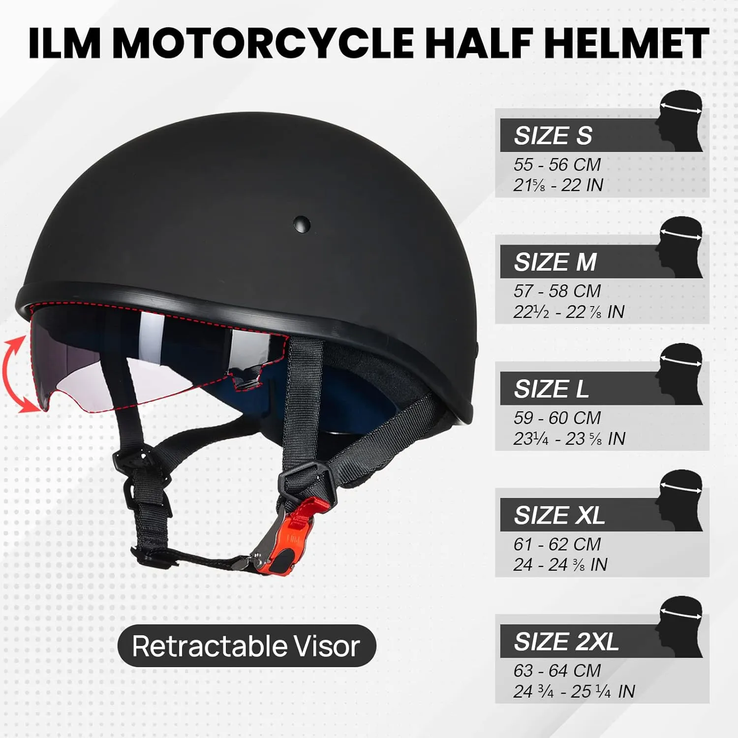 ILM Motorcycle Half Helmet with Sunshield Quick Release Strap Half Face Fit for Cruiser Scooter DOT Approved 883V (Matte Black, XX-Large)