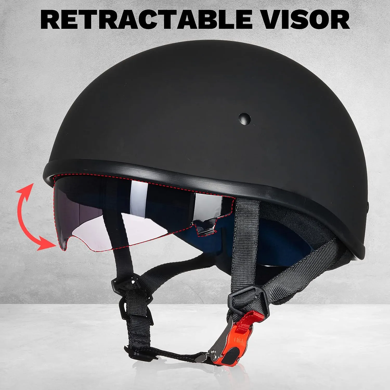 ILM Motorcycle Half Helmet with Sunshield Quick Release Strap Half Face Fit for Cruiser Scooter DOT Approved 883V (Matte Black, XX-Large)