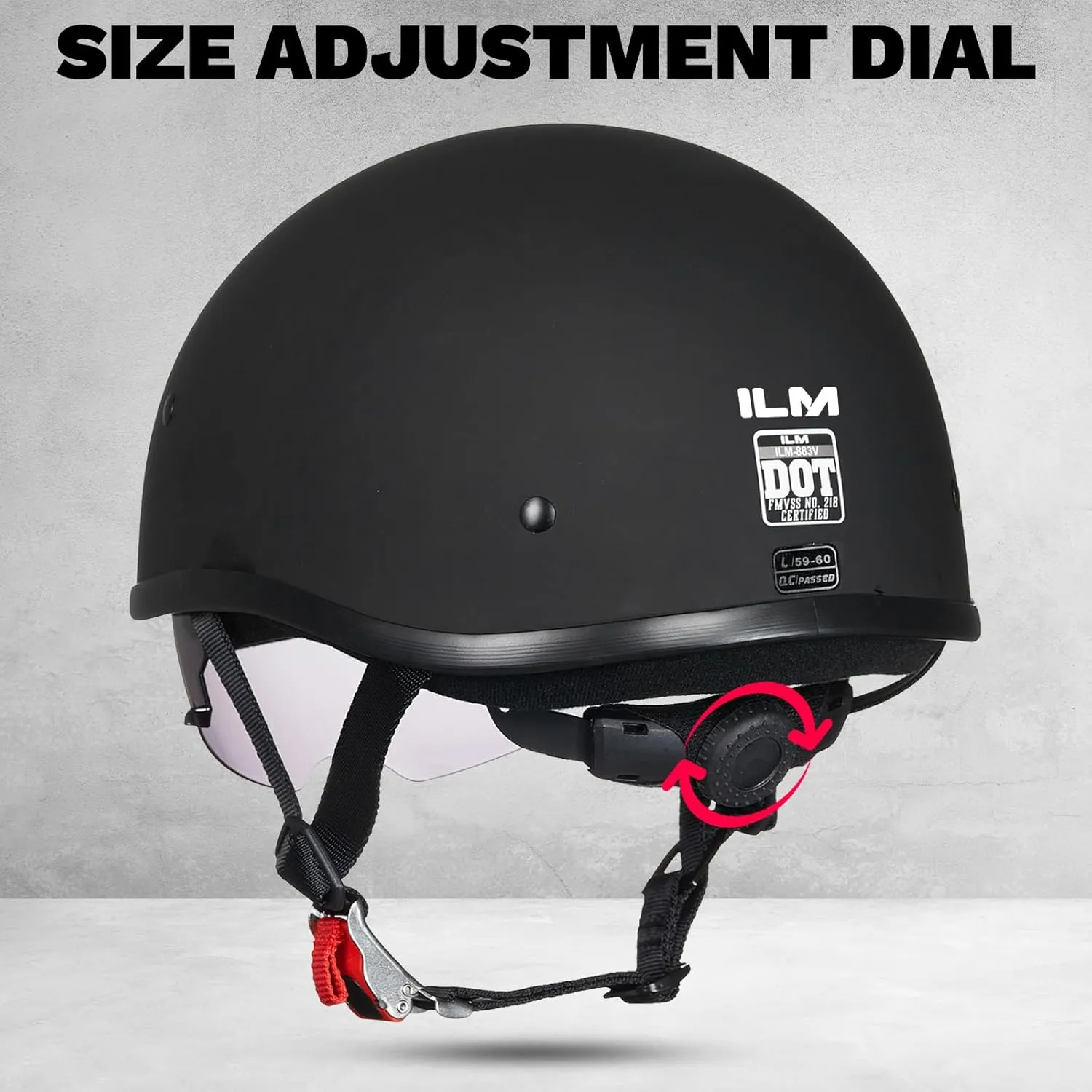ILM Motorcycle Half Helmet with Sunshield Quick Release Strap Half Face Fit for Cruiser Scooter DOT Approved 883V (Matte Black, XX-Large)