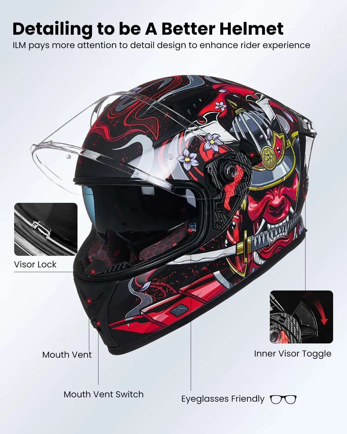 ILM Motorcycle Helmet Full Face with Pinlock Compatible Clear&Tinted Visors and Fins Street Bike Motocross Casco DOT Model Z501(Armor Red, Large)