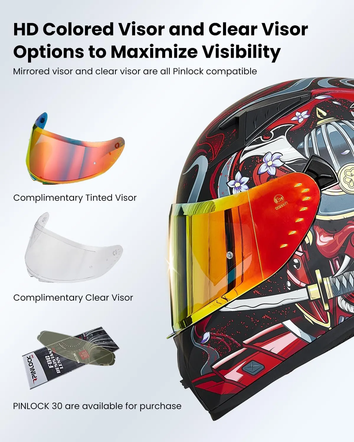 ILM Motorcycle Helmet Full Face with Pinlock Compatible Clear&Tinted Visors and Fins Street Bike Motocross Casco DOT Model Z501(Armor Red, Large)