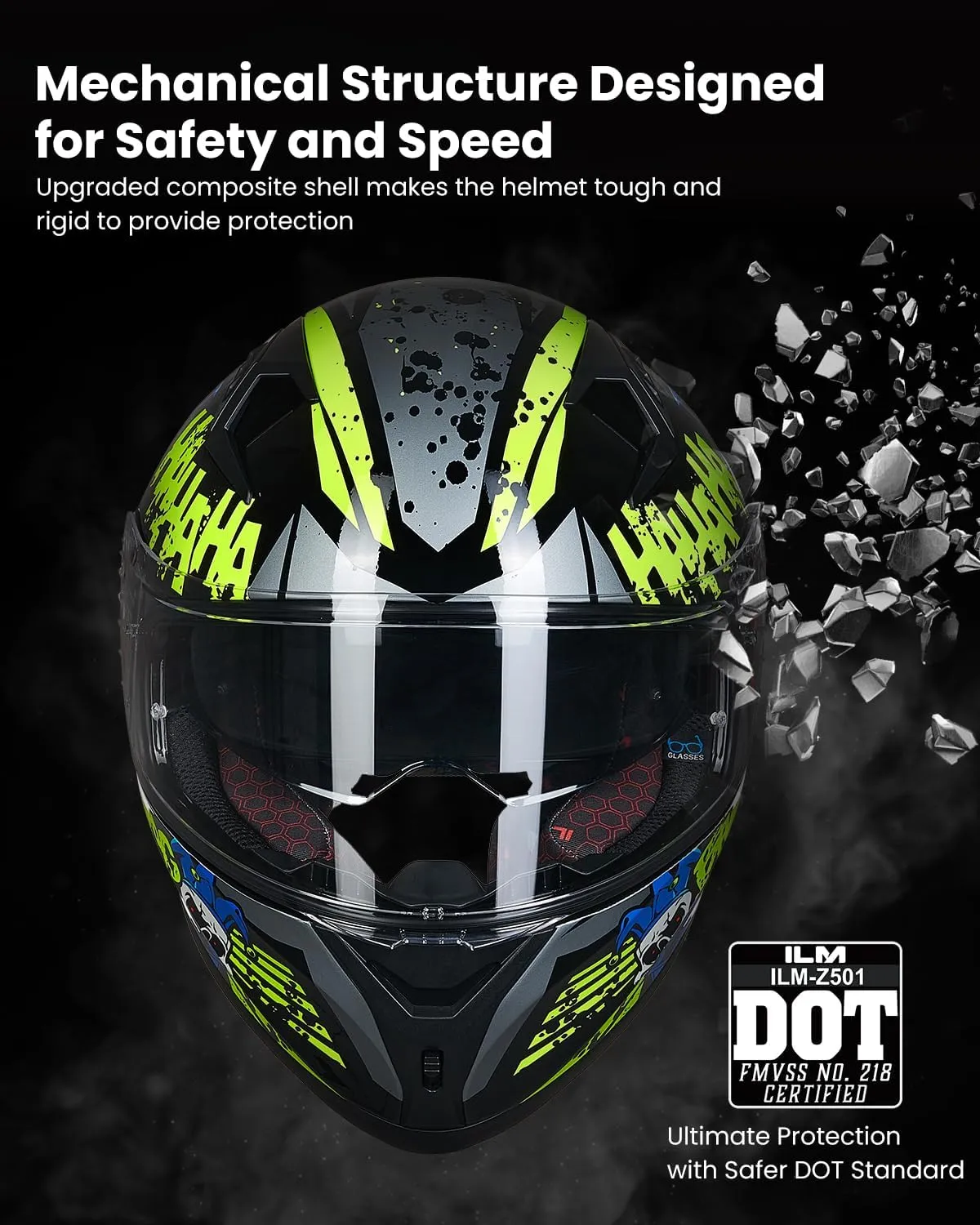 ILM Motorcycle Helmet Full Face with Pinlock Compatible Clear&Tinted Visors and Fins Street Bike Motocross Casco DOT Model Z501(Surprise Yellow, Large)